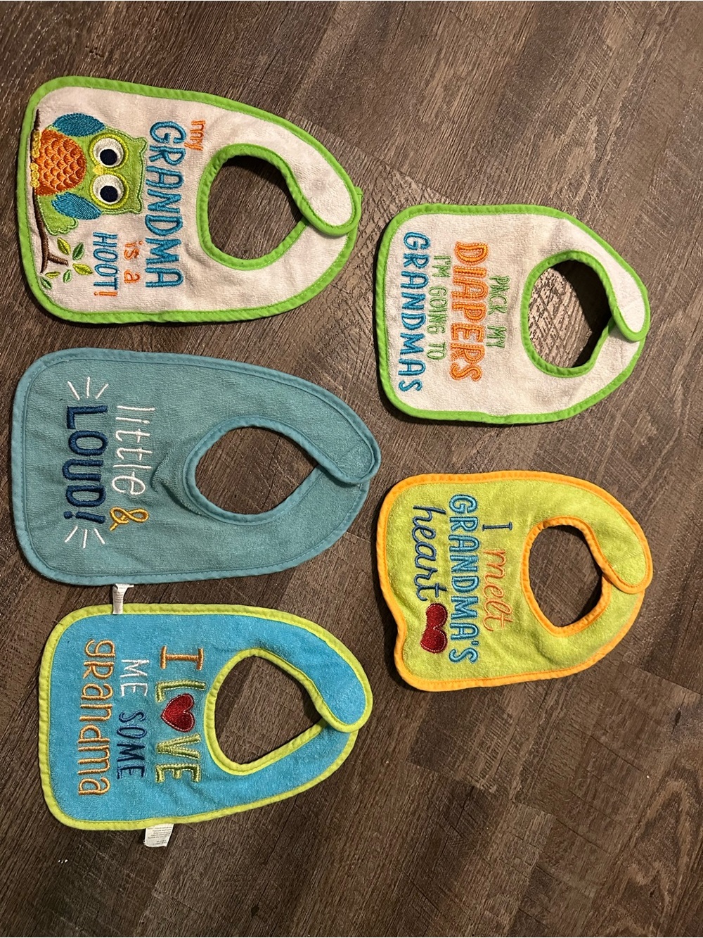 Set of 5 Baby Bibs - Colorful Owl & Grandma-Themed Embroidered Designs